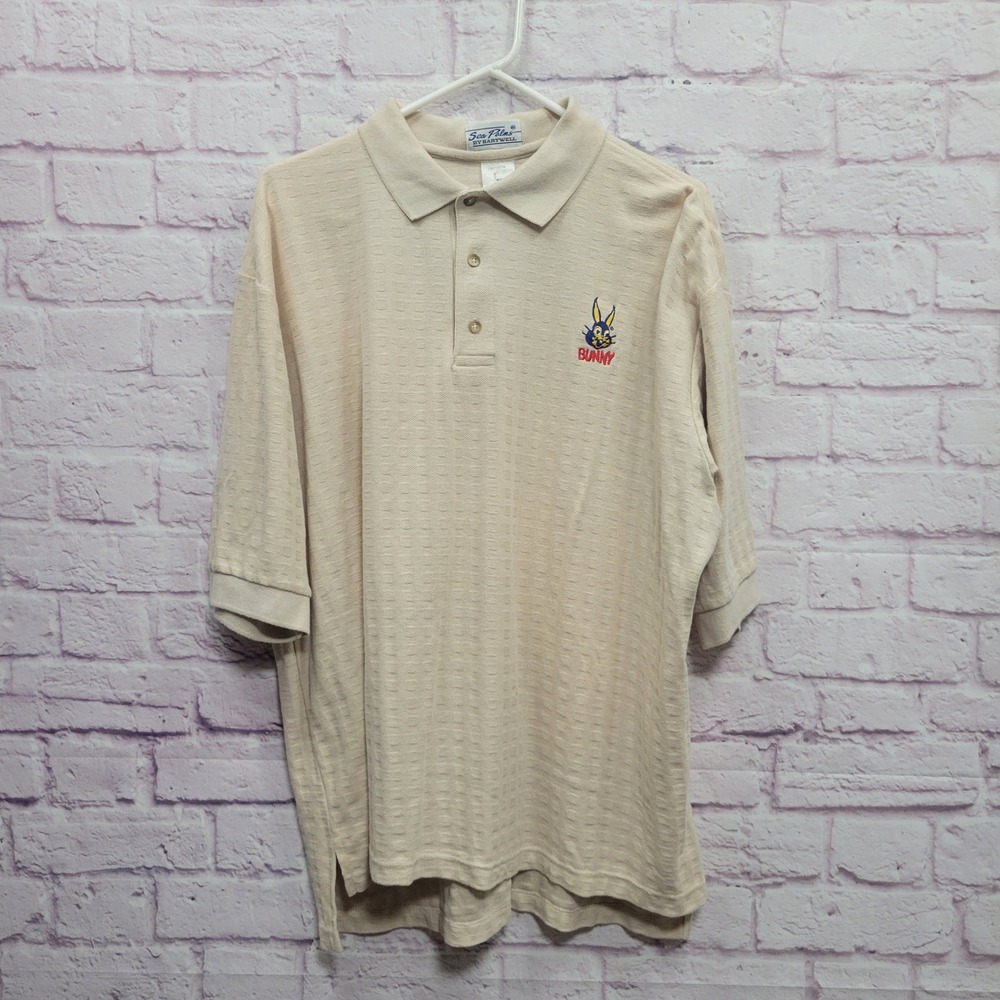 VTG Sea Palms‎ by Hartwell Bunny Polo Shirt Mens L 100% Cotton Knit Y2K Retro